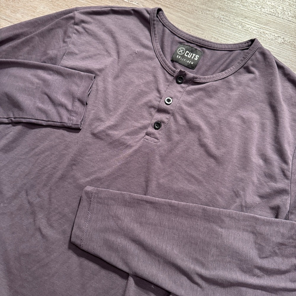 Cuts Henley Shirt Mens Medium Gray Jersey Cotton Blend Split Hem Long Sleeve